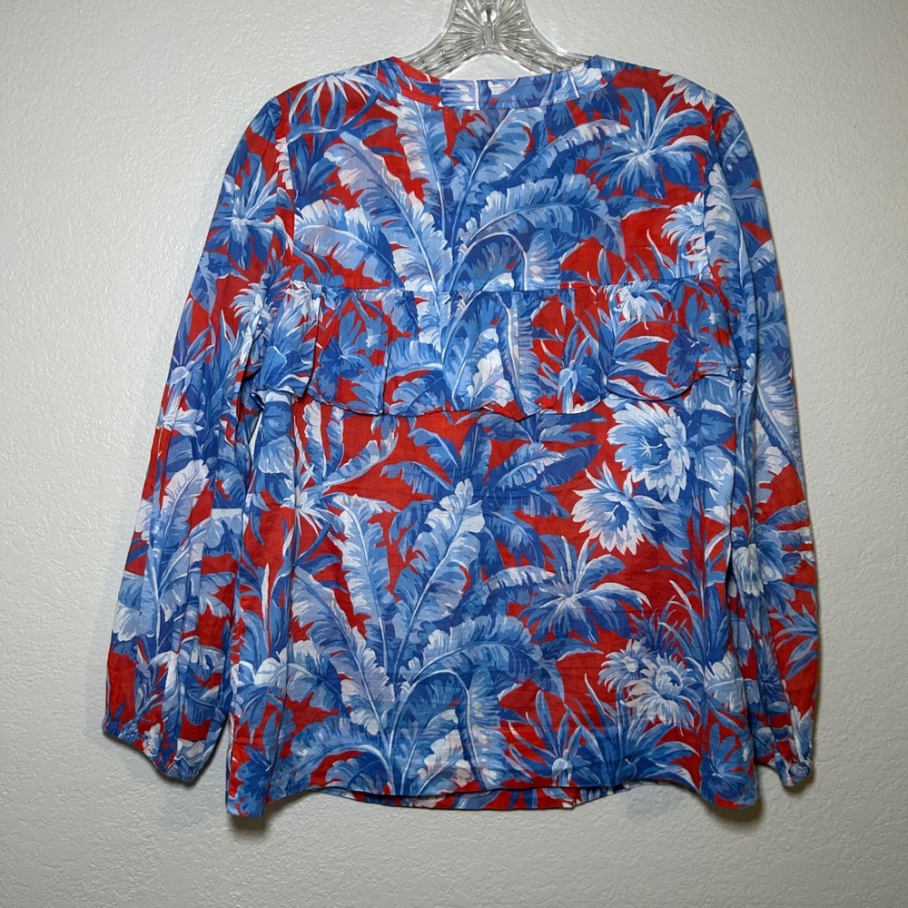 J.Crew Tropical Palm Floral Ruffle Top Red Blue Cotton Blouse Womens S Vacation - Picture 7 of 8